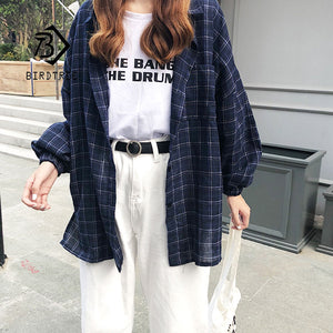 2019 New Woman Vent Vintage Plaid Shirt Single Breasted Turn down Collar Cotton Long Sleeve Button Feminina Sales T8D512Z