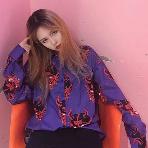 Harajuku Shirt blusas Female ulzzang long sleeve women blouse spring autumn loose gothic Devil print blouses Korean womens tops