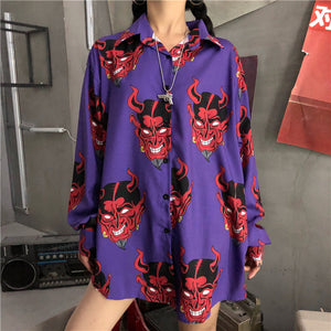 Harajuku Shirt blusas Female ulzzang long sleeve women blouse spring autumn loose gothic Devil print blouses Korean womens tops