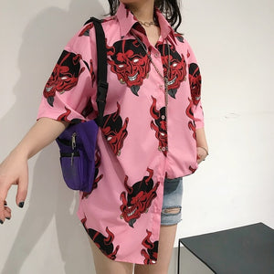 Harajuku Shirt blusas Female ulzzang long sleeve women blouse spring autumn loose gothic Devil print blouses Korean womens tops