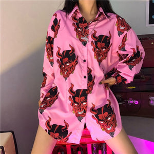 Harajuku Shirt blusas Female ulzzang long sleeve women blouse spring autumn loose gothic Devil print blouses Korean womens tops