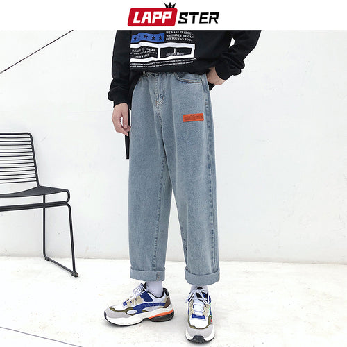 LAPPSTER Mens Korean Fashoins Harem Blue Jeans Pants 2019 Vintage Straight Pants Harajuku Jeans Baggy Belt High Quality Denim