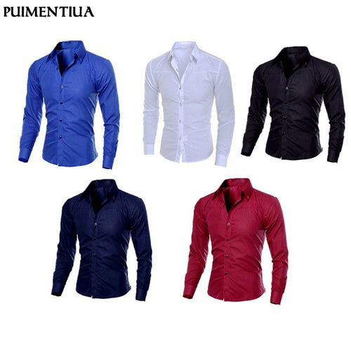 Puimentiua Spring Autumn Men's Slim Fit Long Sleeve Dark Solid Color Lapel Top Large Size Shirt Casual Button Size S-5XL Shirts