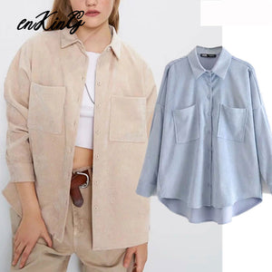 2019  england preppy oversize corduroy autumn blouse women blusas mujer de moda 2019 boyfriend shirt womens tops and blouses