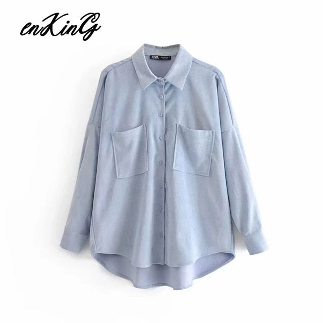 2019  england preppy oversize corduroy autumn blouse women blusas mujer de moda 2019 boyfriend shirt womens tops and blouses