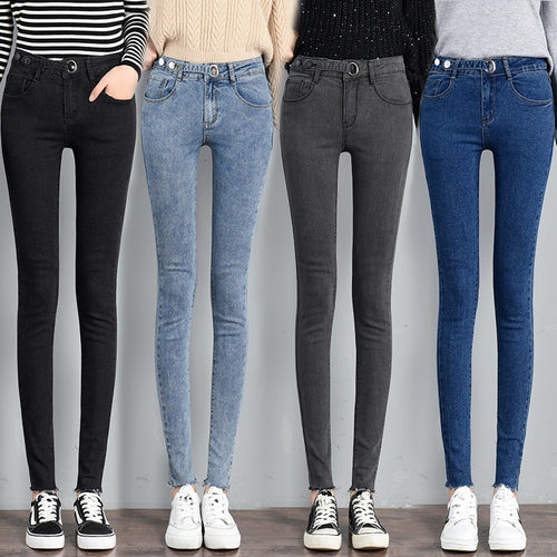 Mew Casual Button Stretch Slim Jeans Women High Waist Denim Pencil Pants Spring and Autumn Black Blue Gray Trousers