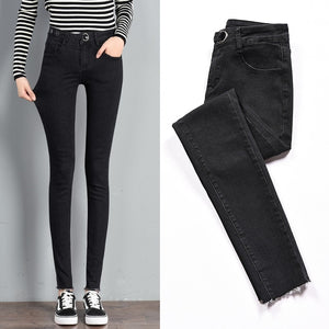 Mew Casual Button Stretch Slim Jeans Women High Waist Denim Pencil Pants Spring and Autumn Black Blue Gray Trousers