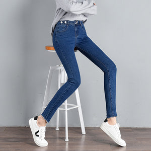 Mew Casual Button Stretch Slim Jeans Women High Waist Denim Pencil Pants Spring and Autumn Black Blue Gray Trousers