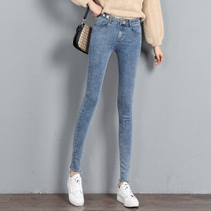 Mew Casual Button Stretch Slim Jeans Women High Waist Denim Pencil Pants Spring and Autumn Black Blue Gray Trousers