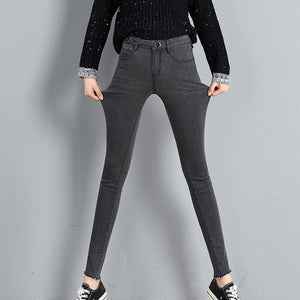 Mew Casual Button Stretch Slim Jeans Women High Waist Denim Pencil Pants Spring and Autumn Black Blue Gray Trousers