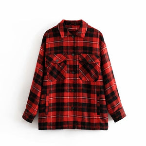 Vintage Stylish Women Plaid Pockets Button tweed Blouse Autumn Fashion Thick Shirts Tops Casual Blusas Mujer