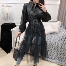 Load image into Gallery viewer, LANMREM 2020 Spring New Jackets Women Fashion Solid Color Long Mesh Gauze Stitching PU Leather Coat With Belt Female PB279