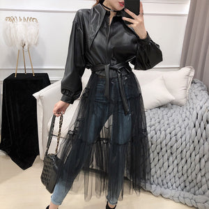 LANMREM 2020 Spring New Jackets Women Fashion Solid Color Long Mesh Gauze Stitching PU Leather Coat With Belt Female PB279