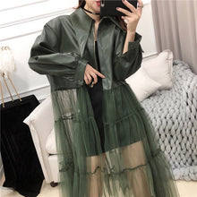 Load image into Gallery viewer, LANMREM 2020 Spring New Jackets Women Fashion Solid Color Long Mesh Gauze Stitching PU Leather Coat With Belt Female PB279