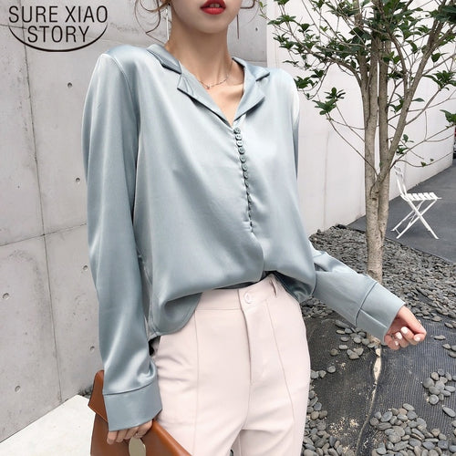 2019 Long Sleeve Autumn Vintage Satin Silk Blouse Shirts for Women Elegant Korean Style Women Sexy V Neck Blouse Tops 5272 50