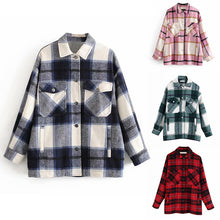 Load image into Gallery viewer, Plaid Overshirt Wool Blend Jacket Check Lapel Collar Long Sleeve Coat Women Oversized Pockets With Flaps Button Jackets Tops