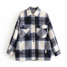 Load image into Gallery viewer, Plaid Overshirt Wool Blend Jacket Check Lapel Collar Long Sleeve Coat Women Oversized Pockets With Flaps Button Jackets Tops