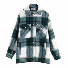 Load image into Gallery viewer, Plaid Overshirt Wool Blend Jacket Check Lapel Collar Long Sleeve Coat Women Oversized Pockets With Flaps Button Jackets Tops