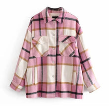 Load image into Gallery viewer, Plaid Overshirt Wool Blend Jacket Check Lapel Collar Long Sleeve Coat Women Oversized Pockets With Flaps Button Jackets Tops