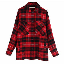 Load image into Gallery viewer, Plaid Overshirt Wool Blend Jacket Check Lapel Collar Long Sleeve Coat Women Oversized Pockets With Flaps Button Jackets Tops