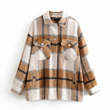 Load image into Gallery viewer, Plaid Overshirt Wool Blend Jacket Check Lapel Collar Long Sleeve Coat Women Oversized Pockets With Flaps Button Jackets Tops