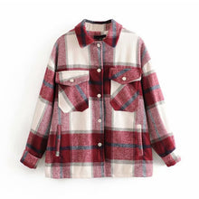 Load image into Gallery viewer, Plaid Overshirt Wool Blend Jacket Check Lapel Collar Long Sleeve Coat Women Oversized Pockets With Flaps Button Jackets Tops