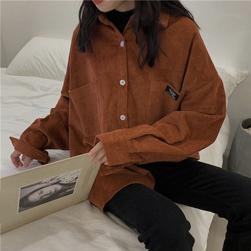 Women's Corduroy Shirt Blouse Coat Long Sleeve Pocket Button Shirts Ladies 2020 New Korean Spring Autumn Oversize Tops Female