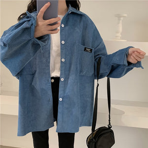 Women's Corduroy Shirt Blouse Coat Long Sleeve Pocket Button Shirts Ladies 2020 New Korean Spring Autumn Oversize Tops Female