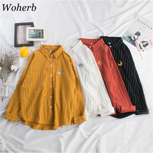 Load image into Gallery viewer, Woherb 2020 Women Kawaii Striped Blouse Moon Embroidery Korean Ladies Tops Blusas Casual Batwing Sleeve Linen Shirt 20824