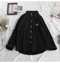 Load image into Gallery viewer, Woherb 2020 Women Kawaii Striped Blouse Moon Embroidery Korean Ladies Tops Blusas Casual Batwing Sleeve Linen Shirt 20824