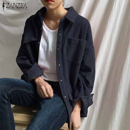 ZANZEA Women's Corduroy Shirts Cardigans Spring Kaftan Casual Blouse Long Sleeve Blusas Female Button Down Tunic Plus Size Tops