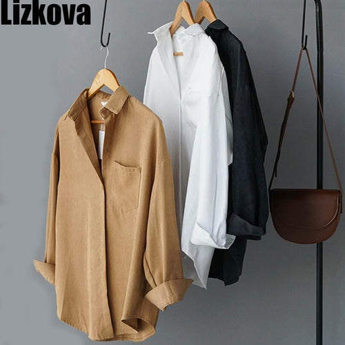 2020 Spring Blouse Women White Faux Suede Long Sleeve Shirt Concise Style Lapel Ladies Shirt Streetwear 8866