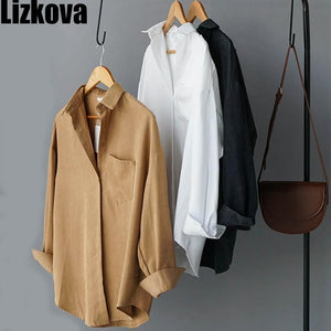 2020 Spring Blouse Women White Faux Suede Long Sleeve Shirt Concise Style Lapel Ladies Shirt Streetwear 8866