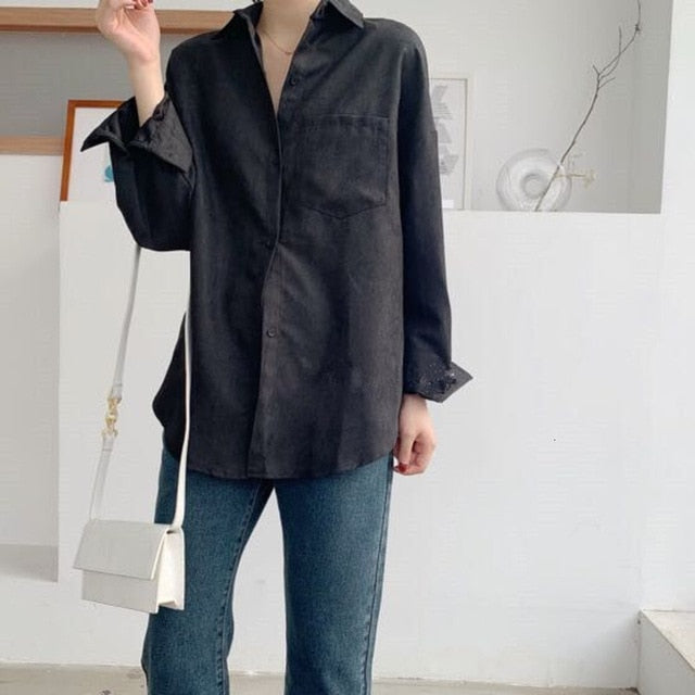 2020 Spring Blouse Women White Faux Suede Long Sleeve Shirt Concise Style Lapel Ladies Shirt Streetwear 8866