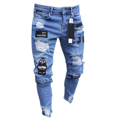 3 estilos hombres elástico Ripped skinny de motorista bordado Jeans estampado destruido agujero cinta de corte Slim Denim rayado de alta calidad Jean