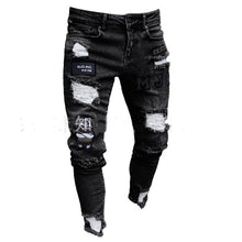 Load image into Gallery viewer, 3 estilos hombres elástico Ripped skinny de motorista bordado Jeans estampado destruido agujero cinta de corte Slim Denim rayado de alta calidad Jean