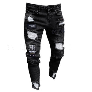 3 estilos hombres elástico Ripped skinny de motorista bordado Jeans estampado destruido agujero cinta de corte Slim Denim rayado de alta calidad Jean