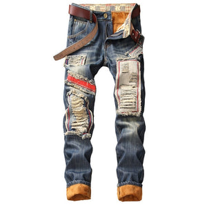 Denim Designer Hole Jeans High Quality Ripped for Men Size 28-38 40 2019 Autumn Winter Plus Velvet HIP HOP Punk Streetwear