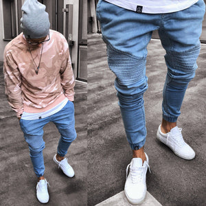 2019 Men's Stretchy Ripped Skinny Biker Jeans Destroyed Slim Fit Denim Pants Mens Elastic Waist Harem Pants Men Jogger Clothes