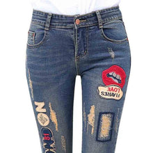 Load image into Gallery viewer, 2016 New Lip Denim Pants Ripped Hole Elastic Ladies Skinny Pencil Pantsembroidery Lips Letter Jeans Trousers For Women