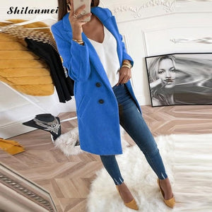 2018 New Women Long Sleeve Turn-Down Collar Outwear Jacket Wool Blend Coat Casual Autumn Winter Elegant Overcoat Loose Plus Size