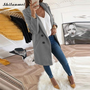 2018 New Women Long Sleeve Turn-Down Collar Outwear Jacket Wool Blend Coat Casual Autumn Winter Elegant Overcoat Loose Plus Size