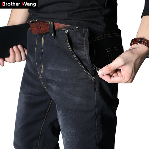 2019 Autumn Winter New Men's Brand Jeans Loose Straight Elastic Anti-theft Zipper Denim Pants Male Big Size 40 42 44 46 48