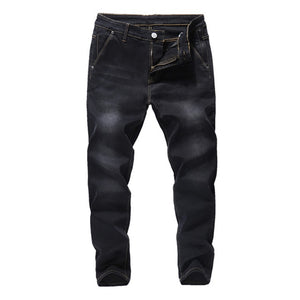 2019 Autumn Winter New Men's Brand Jeans Loose Straight Elastic Anti-theft Zipper Denim Pants Male Big Size 40 42 44 46 48