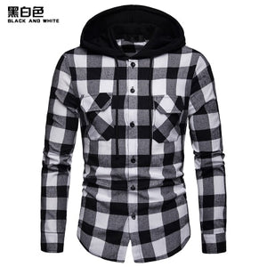 New 2019 Shirt Men Spring Hot Sale Quality Plaid Shirts Hooded Outwear Long Sleeve Casual Male Chemise Homme EU Size S-XXL