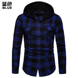 New 2019 Shirt Men Spring Hot Sale Quality Plaid Shirts Hooded Outwear Long Sleeve Casual Male Chemise Homme EU Size S-XXL