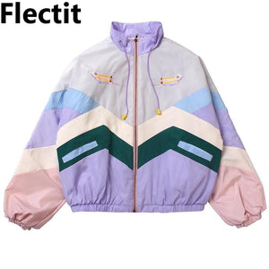 Flectit Women Pastel Bomber Jacket Cute Embroidery Color Block Duster Souvenir Sukajan Jacket Japanese Girls Harajuku Style *